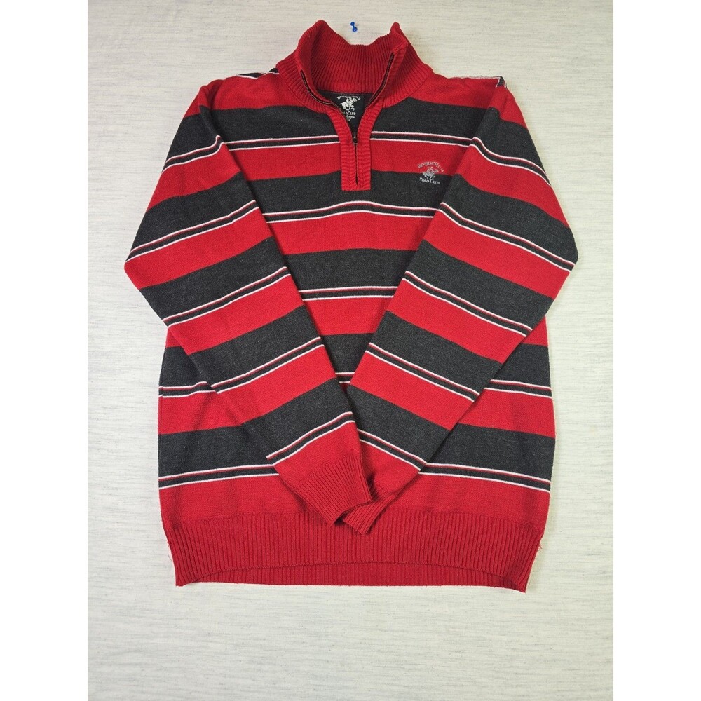 Beverly Hills Polo Club Men’s Sweater Large Red Black Striped 1/4Zip – Flaws